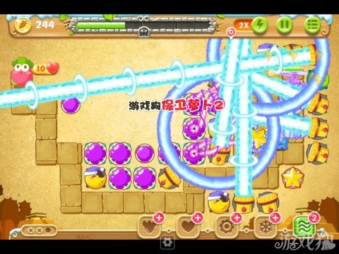 4、如上图所示，这就是金萝卜布阵图，本关我们使用的是魔法球炮塔六来通关，后期我们有钱就无限建造满级魔法球即可；