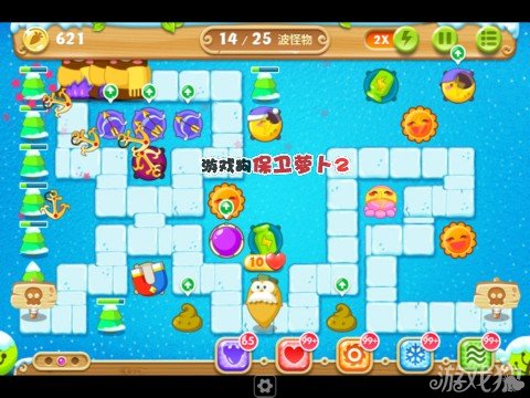 3、到了17啵，我们可以将上方的魔法球炮塔升级至满级，然后清除道具获得的月亮炮塔也升级至满级，在中间位置上继续建造两个魔法球炮塔升级至满级，增加攻击力；