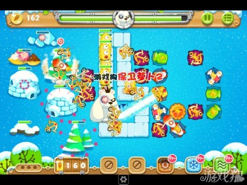 1、本关我们可以选择使用船锚炮塔开局，在如图位置上建造船锚炮塔，然后将太阳炮塔、炸弹星炮塔、冰锥炮塔全部升级至满级，锁定右边的雪屋清除它，这样可以一边清理道具一边消灭过往的怪物，一举两得；